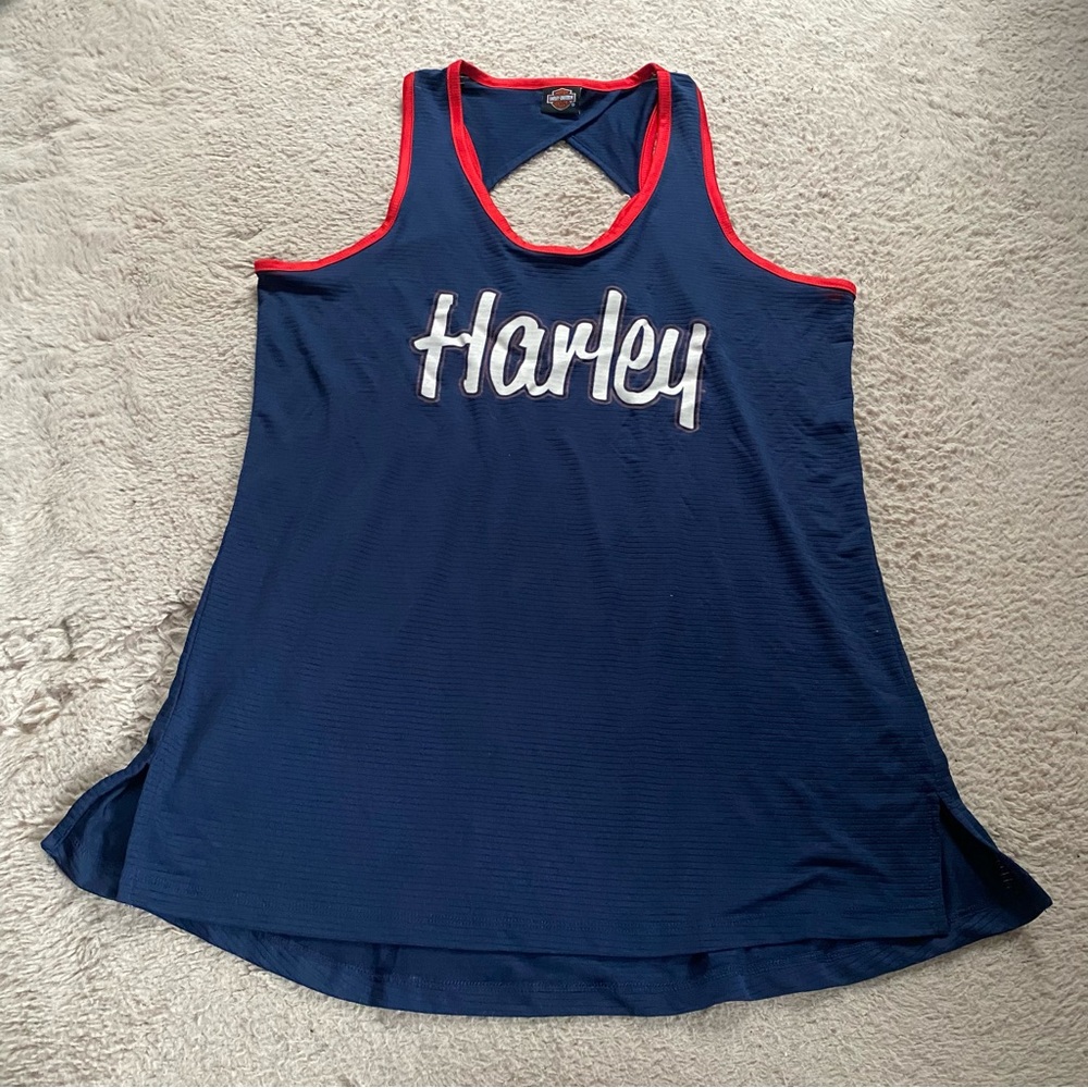 Harley Davidson Women's Sleeveless Jersey Tank Shirt Size Small Blue Embroidered